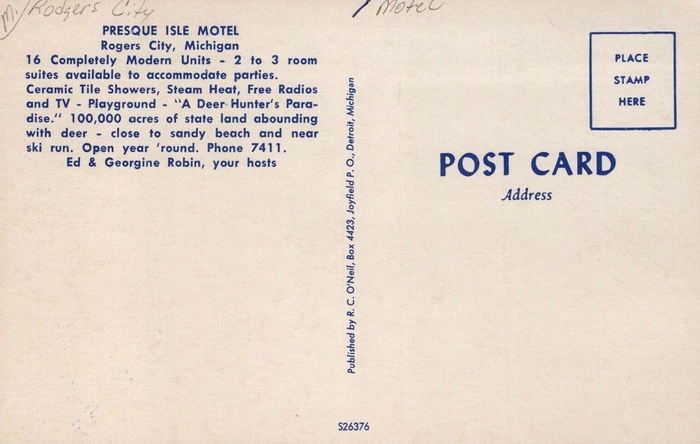 Presque Isles Huron Shore Motel (Presque Isle Motel) - Old Postcard Back